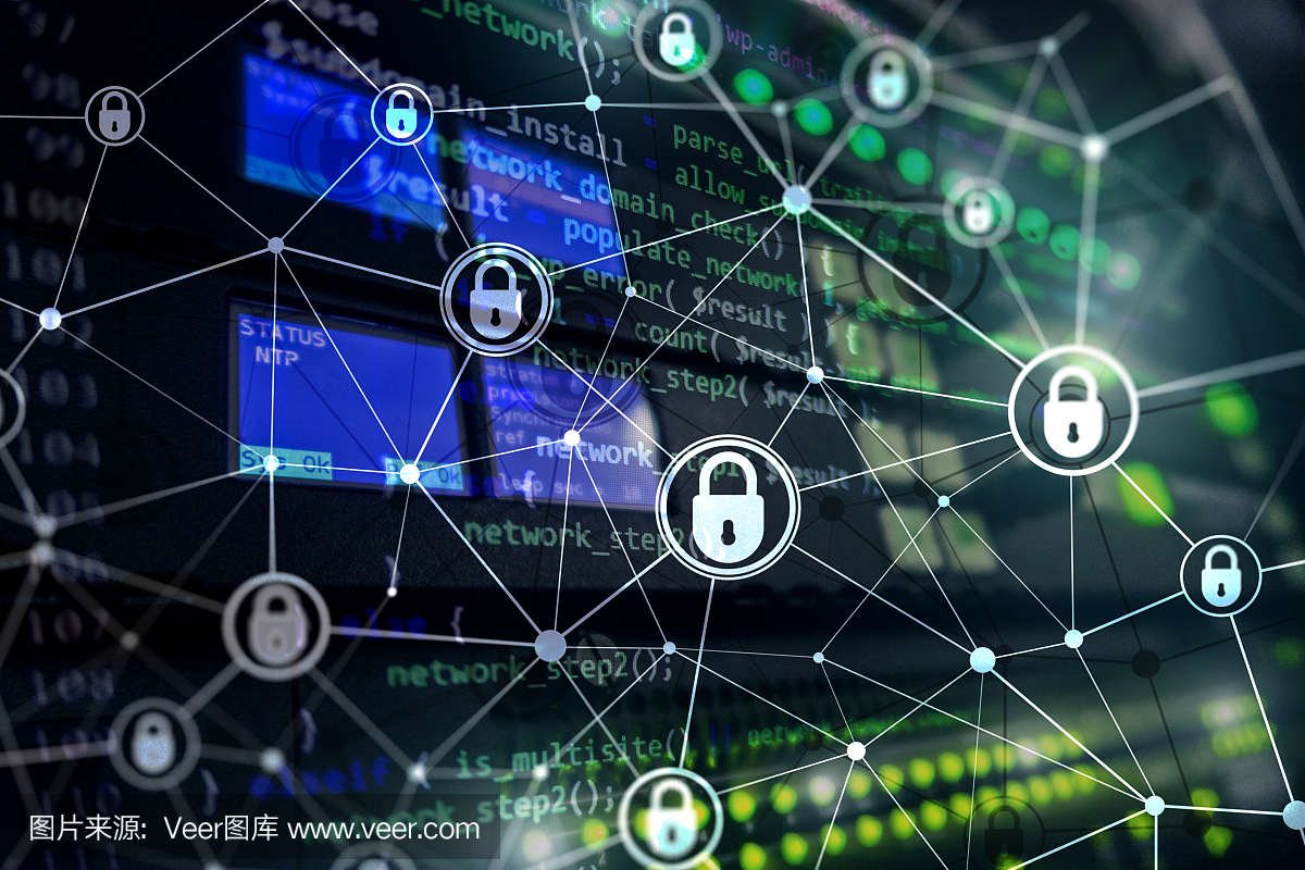 網(wǎng)絡安全,信息隱私,數(shù)據(jù)保護概念在現(xiàn)代服務器室背景下。互聯(lián)網(wǎng)和數(shù)字技術的概念。